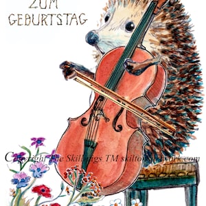 Può includere: Illustrazione ad acquerello di un riccio che suona il violoncello. Il riccio è marrone e beige, con un naso blu e tiene in mano un violoncello. Il violoncello è arancione e marrone. Il testo "ALLES GUTE ZUM GEBURTSTAG" è in alto. Fiori colorati in basso.