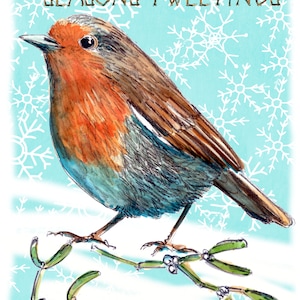 2673 SEASONS GREETINGS Kerstkaart. Speciale seizoenen-tweetings. Robin sneeuw Maretak. Dit kan een gepersonaliseerde of een andere begroeting zijn