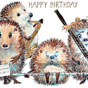 4520 Cartão de aniversário para quarteto de sopros. Feliz aniversário, ouriços tocando oboé, fagote, saxofone e flauta. Pode ser personalizado.