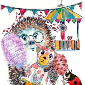 2988 cartão de feliz aniversário de feira de diversões ouriço cartão parque de diversões carnaval circo circo ouriço comendo algodão doce. Pode ser personalizado
