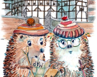 134 LONDON Globe theatre card or Birthday card with hedgehog  Can be personalised. For US sales see number 100D