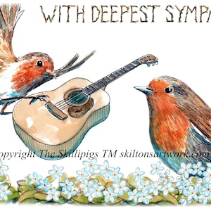 4241 Guitar Sympathy-kaart. Akoestische gitaar, rouwkaart met muziekthema. Een roodborstje en vergeet-mij-nietjes.