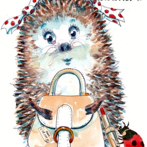 3170 Cartão exclusivo de FELIZ ANIVERSÁRIO com nosso ouriço da moda com bolsa de grife cara e batom. Pode ser personalizado.