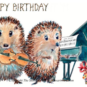 3670 Violon et piano Carte de JOYEUX ANNIVERSAIRE. Hedgehogs Concert de musique classique en duo pianiste avec violon et piano à queue. Peut être personnalisé