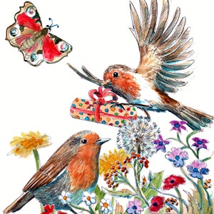 3594 JOYEUX ANNIVERSAIRE Carte de joyeux anniversaire en français.  Paire de rouge-gorge avec cadeau. Oiseau de jardin Peut être personnalisé