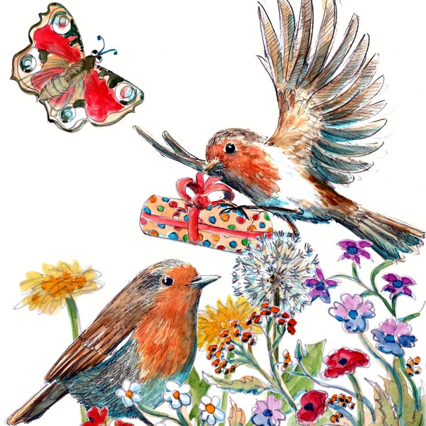 JOYEUX ANNIVERSAIRE happy birthday card in French language.  Robin pair with present. Oiseau de jardin This can be personalised.No.3594