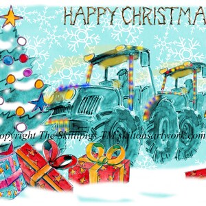 4219 Carte de Noël avec tracteur, cadeaux de neige et fermiers avec lumières colorées Peut être personnalisé