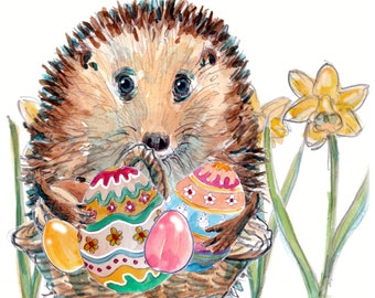 EASTER card ' Love from the Easter Hoggy' Hedgehog with basket of coloured eggs , hot cross bun and daffodils. Can be personalised NO.3633