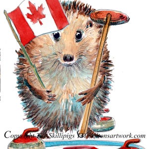 4156 Canadian Curling Happy Birthday-kaart Canadese mannelijke speler op het ijs met stenen bezem of borstel en vlag van Canada. Kan worden gepersonaliseerd