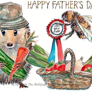 2726 Gardening Alles Gute zum Vatertag Grußkarte mit einem männlichen Igel-Gärtner mit Gemüse. Sie können die Begrüßung ändern, wenn Sie es wünschen