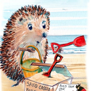 3857 sea side Verjaardagskaart GELUKKIGE VERJAARDAG bouwen van een zandkasteel op een strand aan zee met een kitemmer en een schop. Kan worden gepersonaliseerd.