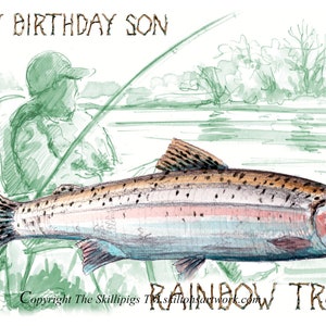 Tarjeta de cumpleaños 2521 para trucha arcoíris Feliz cumpleaños a tu hijo con un pescador de trucha arcoíris pescando o pescando con mosca. Se puede personalizar como se muestra
