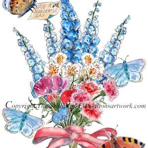 4648 buquê de flores cartão de feliz aniversário Alstroemeria delphiniums cravos e ervilhas doces Pode ser personalizado ou saudação diferente