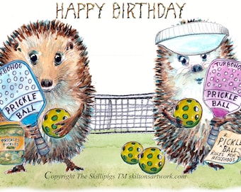 3241 Pickleball HAPPY BIRTHDAY card hedgehogs cards with a pair playing  pickle-ball pickle ball Can be personalised.