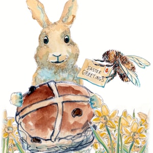 Carte de JOYEUSES PÂQUES avec lapin de 1919 « Pour mon lapin croisé », jonquilles et bourdon. Peut être personnalisé sur l'étiquette