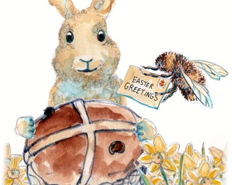 1919 rabbit HAPPY EASTER card saying 'For my hot cross bunny', hot cross bun daffodils and bumble bee. Can be personalised on label