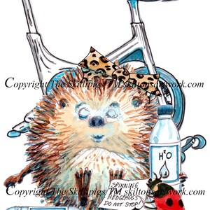 Könnte beinhalten: Aquarell-Illustration mit dem Text "HAPPY BIRTHDAY". Ein Igel mit Schleife, ein Heimtrainer, Wasserflaschen und ein Marienkäfer sind abgebildet. Das Schild lautet "SPINNING HEDGEHOGS DO NOT STOP!"