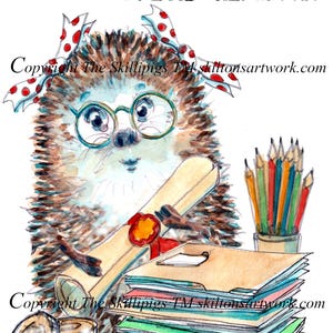 May include: A watercolour illustration featuring a hedgehog with glasses and a bow, holding a diploma. The image includes the text "CONGRATULATIONS YOU'RE QUALIFIED", a stack of papers, pencils, and coins.