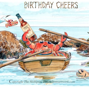 3139 Crab HAPPY BIRTHDAY Cheers verjaardagskaart. Rotszwembadkrab in een roeibootrotsbad en bier- en zeemeeuw. Kan worden gepersonaliseerd