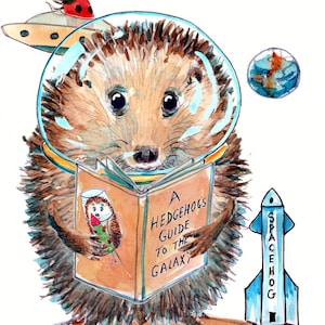 3896 Cartão de feliz aniversário Astronauta Spaceman com foguete espacial UFO e planeta Terra. Ouriço no espaço. Pode ser personalizado.