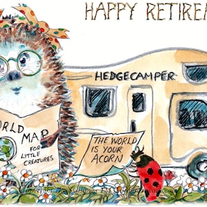 2192 carte HAPPY RETIREMENT road trip en camping-car, hérisson femelle finition avec carte du monde Peut être personnalisé.