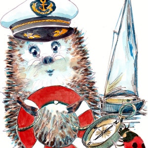"2030 Sailor HAPPY BIRTHDAY Karte, Igel Segelboot Kapitän Geburtstagskarte "Rettungsring und Kompass und Boot. Kann personalisiert werden."