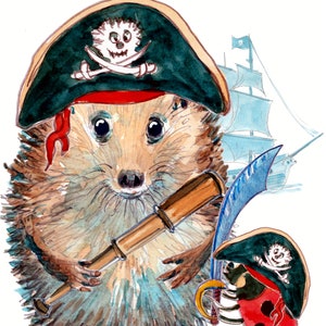 2970 Pirate JOYEUX ANNIVERSAIRE carte pirate disant anniversaire Ohé, pirate avec télescope, hérisson, voilier et coccinelle. Peut être personnalisé