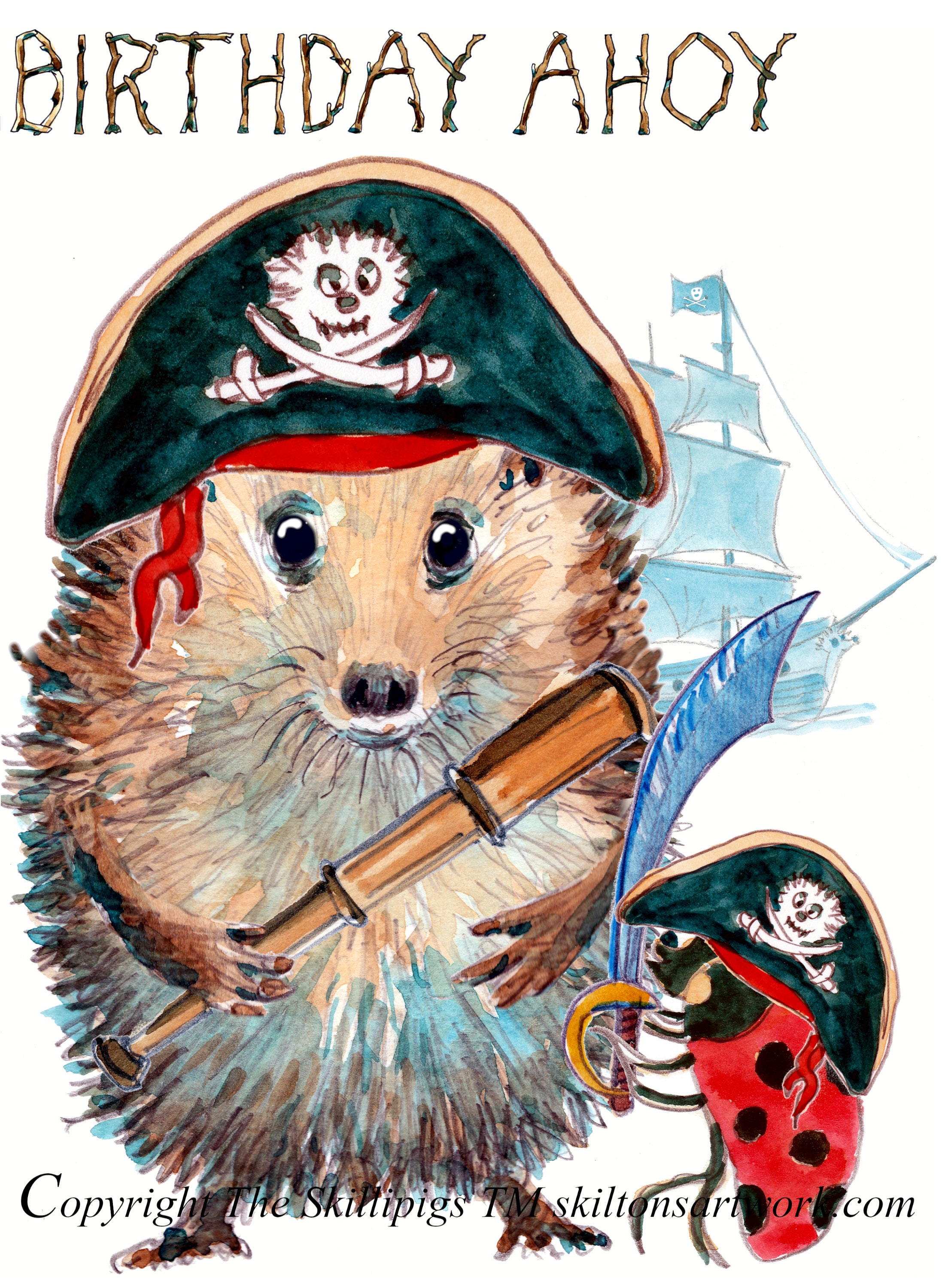 2970 Pirate BIRTHDAY Pirate Card With Telescope, Hedgehog, Can Be
