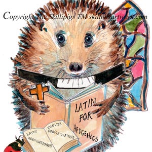 4640 Latijn Gefeliciteerd Pastoor of priesterkaart Egelkerkraam en lieveheersbeestje.  met vertaling naar het Engels Kan worden gepersonaliseerd