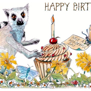 3556 Cartão de FELIZ ANIVERSÁRIO de Lêmure com um Lêmure de cauda anelada e um bolo. Este cartão de Lêmure de cauda anelada preto e branco. Pode ser personalizado.