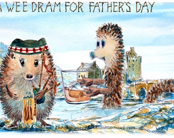 FATHER'S DAY card , A wee dram for Fathers day. Scottish Eilean Donan Castle whisky glass and loch ness Monster Can be personalised No. 3010