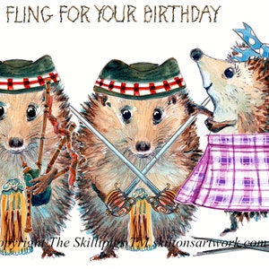 3713 Highland fling HAPPY BIRTHDAY schottische Karte. Schwerttanz bei den Highland Games Schottland Pfeifen und scharfen Schwertern Kann personalisiert werden.