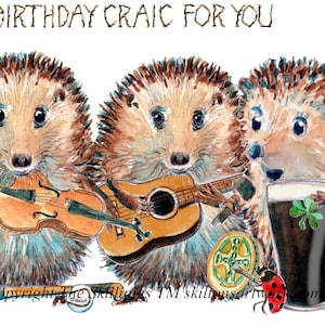3736 Cartão de FELIZ ANIVERSÁRIO da banda irlandesa. 'Some Birthday Craic for you' violino de trio irlandês, guitarra stout com bastão de hurling. Pode ser personalizado