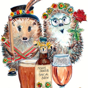 3257 Cartão de aniversário ou olá Cheers com sinos, obrigado, cartão de felicitações. Par de dançarinos Morris com cerveja dançante e sinos. Pode ser personalizado