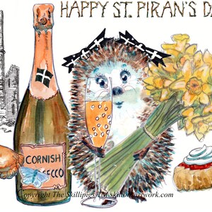 2996 Cartão de Feliz Dia de São Piran, ou festival Pyran Cornish. Ouriço fêmea com pasty de mina de lata de prosecco e narcisos. Pode ser personalizado.