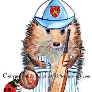 237 Cricket birthday card Wszystkiego najlepszego z okazji urodzin z piłką i ochraniaczami. Również czapka Hedgehog player Cricket Club. Można spersonalizować