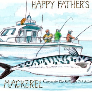 Tarjeta 3114 de pesca de caballa. Tarjeta de FELIZ DÍA DEL PADRE. Pescadores pescando caballa en un barco. Puede tener un saludo o nombre diferente.
