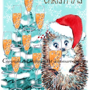 May include: A festive watercolour illustration of a hedgehog in a Santa hat, holding a champagne flute. A Christmas tree made of champagne glasses is in the background. The words "HAPPY CHRISTMAS" are at the top.