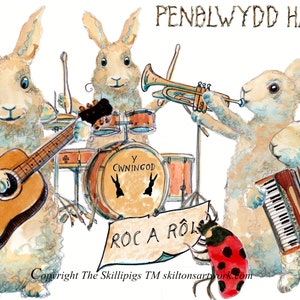 3152 Walisische Musik GEBURTSTAGS-Karte Walisische Sprache Penblwydd hapus, Rock and Roll Cymraeg (Welsh) Kaninchen-Gitarren-Schlagzeug. Kann personalisiert werden