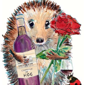 3992 Verjaardagskaart Rode wijn en rozen. Gefeliciteerd met je verjaardag, Skillipig-egel. een lieveheersbeestje met een glas Kan gepersonaliseerd worden