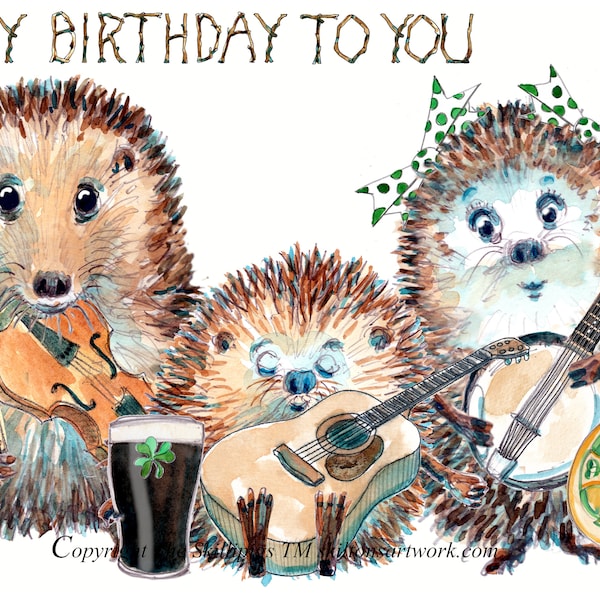 HAPPY BIRTHDAY to you. Irish music folk group band with guitar, banjo and violin and a pint of Irish Stout. Can be personalised. No. 2981