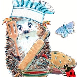 Fijne verjaardag, chef-kok kookt vrouwelijke egel met haar keukengerei, jamhoed, deegroller, recept en taart. Kan worden gepersonaliseerd nr. 3367