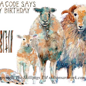4596 Schaf Geburtstagskarte Happy Birthday baa Code Schaf Schaf und Lamm Haltungskarte. Kann personalisiert sein oder eine andere Begrüßung