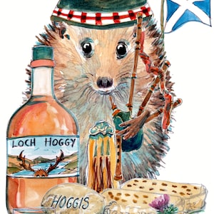 Tarjeta de felicitación de Nochevieja 1444 con galletas de mantequilla de haggis de erizo escocés, cardo, cruz de San Andrés y whisky. Personalizable.