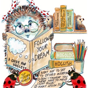 3476 HAPPY BIRTHDAY card  for a teacher. Hedgehog female school class teacher with school books, things and fears! Can be personalised.