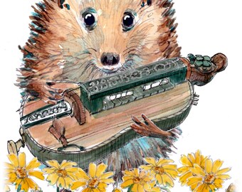 5482 HURDY-GURDY or Hurdy Gurdy player Happy birthday card  hedgehog folk instrument Can be personalised  UK postage options at checkout