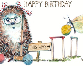 2635 Croquet HAPPY BIRTHDAY card with a female hedgehog and butterfly with her mallet and a 'This way' sign. This can be personalised.