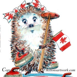 4155 Curling Happy Birthday-kaart Canadese vrouwelijke speler op het ijs met stenen bezem of borstel en vlag van Canada. Kan worden gepersonaliseerd