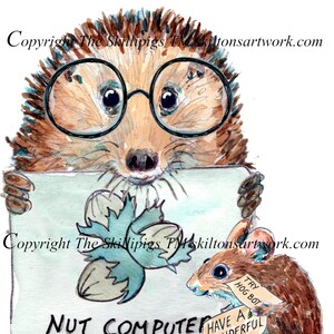 May include: A humorous birthday card illustration. A hedgehog with glasses holds a sign reading "NUT COMPUTER", while a mouse holds a sign saying "TRY HOG BOT" and "HAVE A WONDERFUL DAY". The top text reads "WISHING YOU AN AI GENERATED HAPPY BRITHDAY".