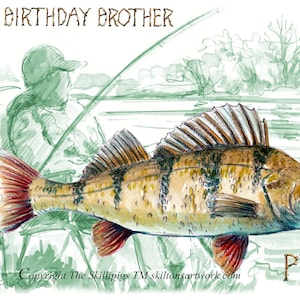 2517 Angeln Happy birthday Bruder Barsch Angeln Karte. Ein Flussfischer Angler. Diese Karte kann auch mit einem Namen personalisiert werden.